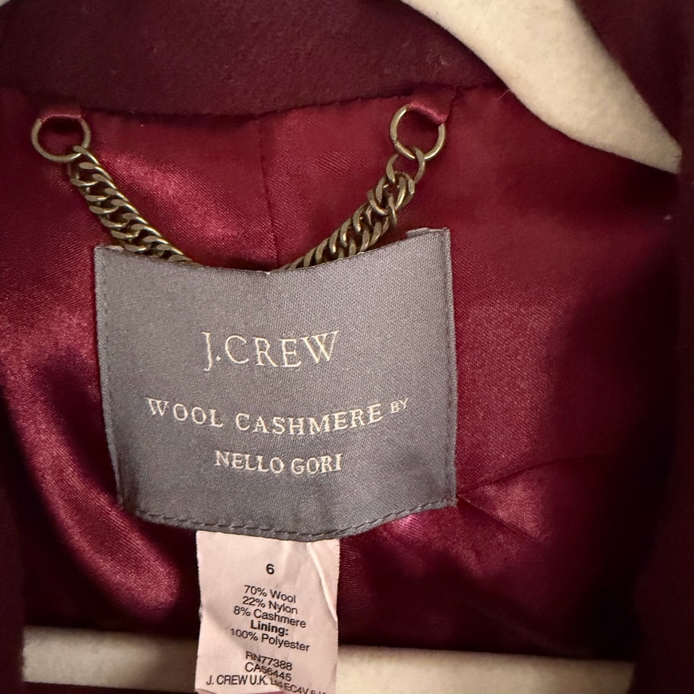 J.Crew Wool Cashmere Coat Size 6 Burgundy Peacoat Hooded Italian Fabric - Picture 3 of 6